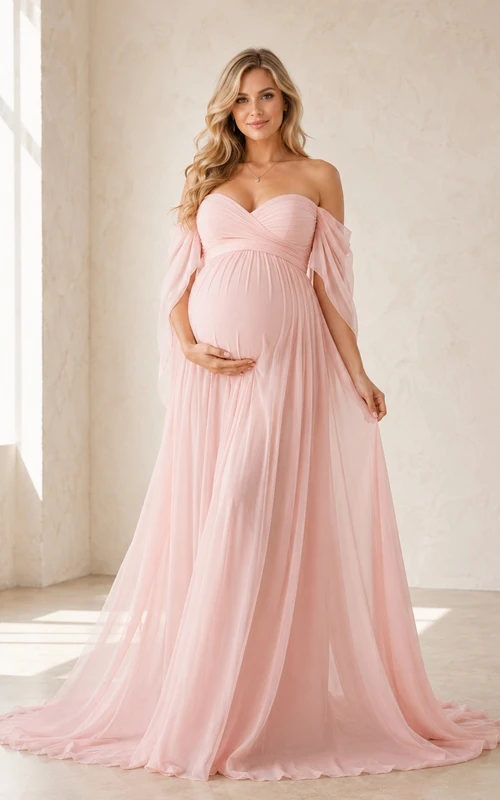 Blush Maternity Chiffon Off-the-shoulder Empire A-Line Sweep Train Romantic Gown