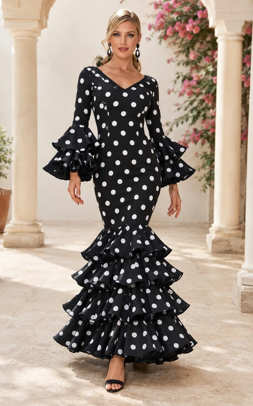 Schwarzes, weißes, gepunktetes Flamenco-Kleid mit U-Boot-Ausschnitt, langen Glockenärmeln und Stufenrock im Meerjungfrauen-Stil, bodenlang, mit Rundhalsausschnitt und langen Glockenärmeln