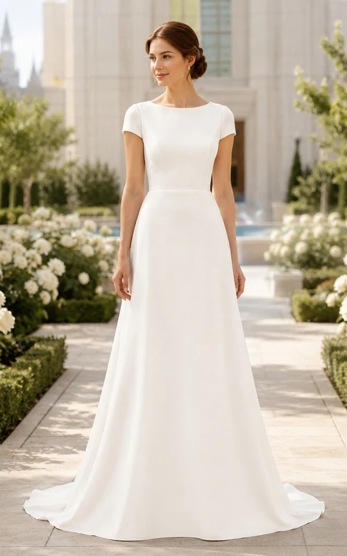 Vestido de novia de corte A modesto con mangas cortas estilo Temple Garden