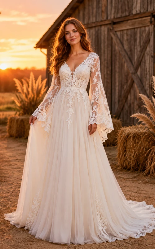Fall Boho Off Shoulder Bell Sleeve A-Line Wedding Dress