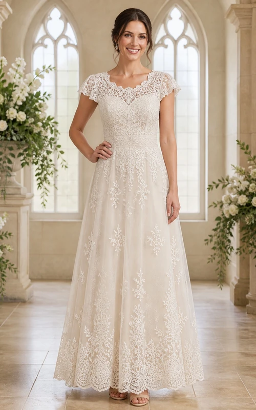Vestido de novia modesto con escote barco, apliques de encaje y mangas cortas, corte A