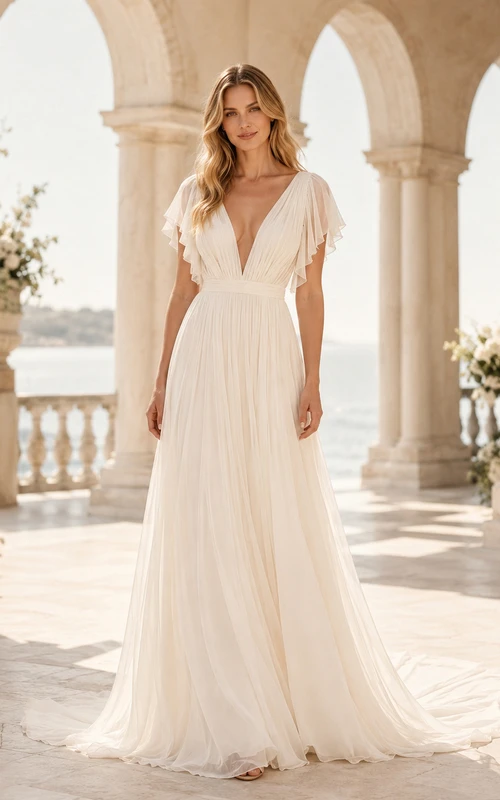 Robe de mariée en mousseline drapée à col en V, manches courtes, coupe trapèze, traîne simple, en mousseline drapée.