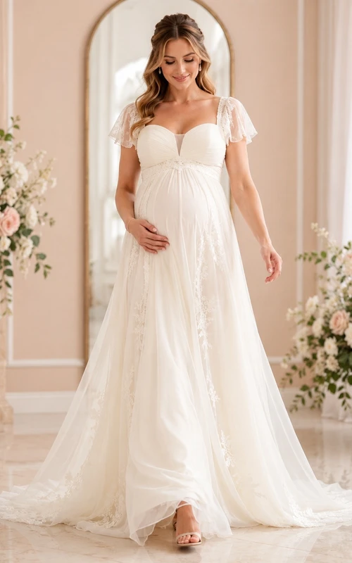Maternity Sweetheart Short Sleeve Chiffon Sweep Train Wedding Dress