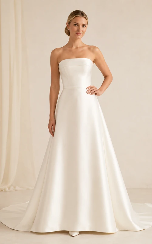 Brautkleid aus Satin, A-Linie, trägerlos, mit Schleppe