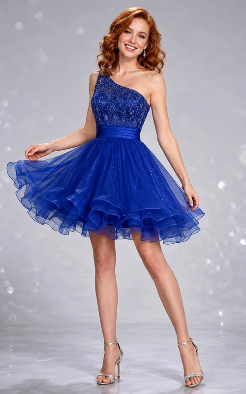 Robe de soirée courte trapèze bleu royal à une épaule, en tulle superposé et à volants.