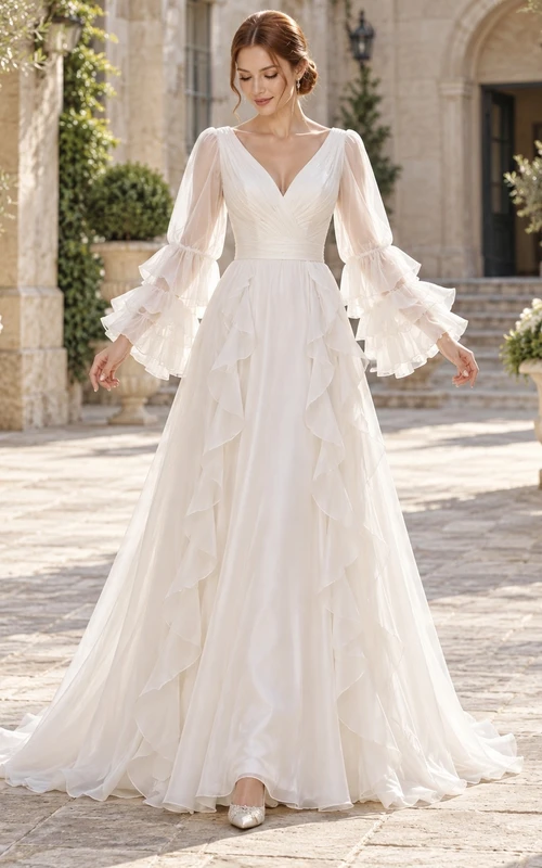 Langärmeliges Brautkleid im Bischofsstil mit V-Ausschnitt, Chiffon und fließenden Rüschen in A-Linie