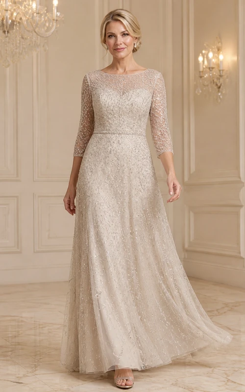 Robe de mère de la mariée, coupe trapèze, manches trois-quarts, en dentelle, style sobre et élégante, idéale pour les mariées plus âgées.