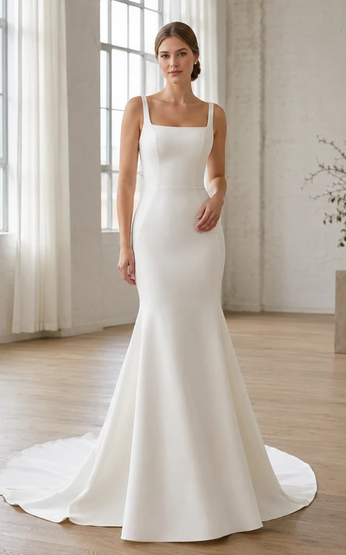 Robe de mariée sirène minimaliste en satin, col carré, sans manches, traîne chapelle, encolure carrée, sans manches.