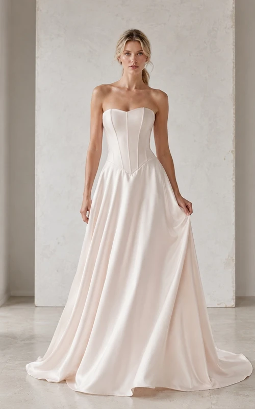 Vestido de novia formal con escote halter, corte recto, drapeado y cola larga.