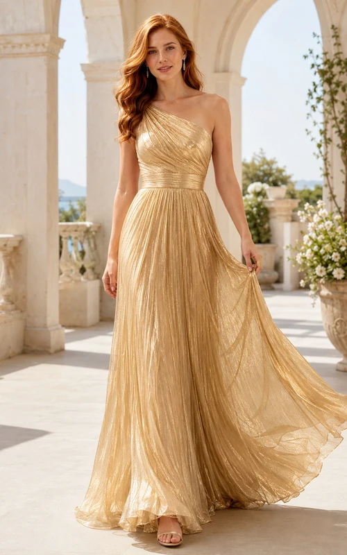 Goldfarbenes, plissiertes, trägerloses A-Linien-Abendkleid aus Chiffon