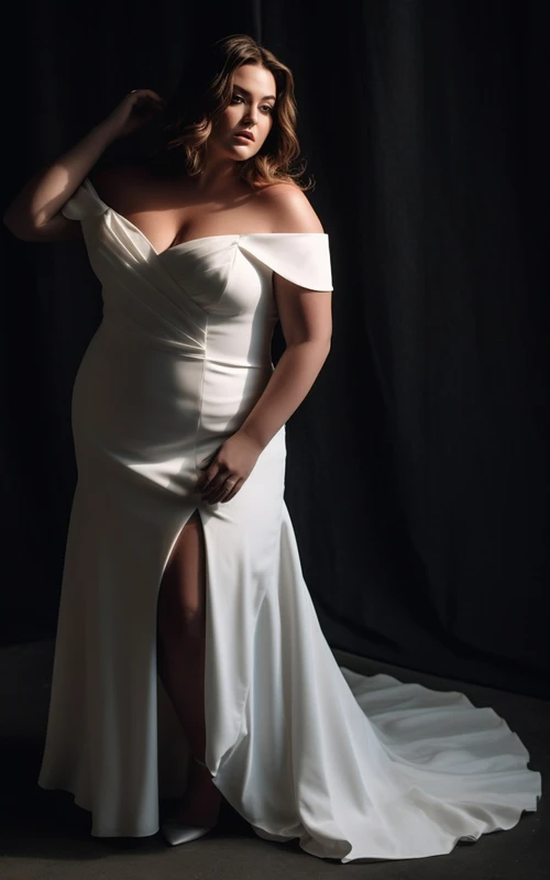Vestido de novia sencillo de gasa con abertura frontal y hombros descubiertos, talla grande