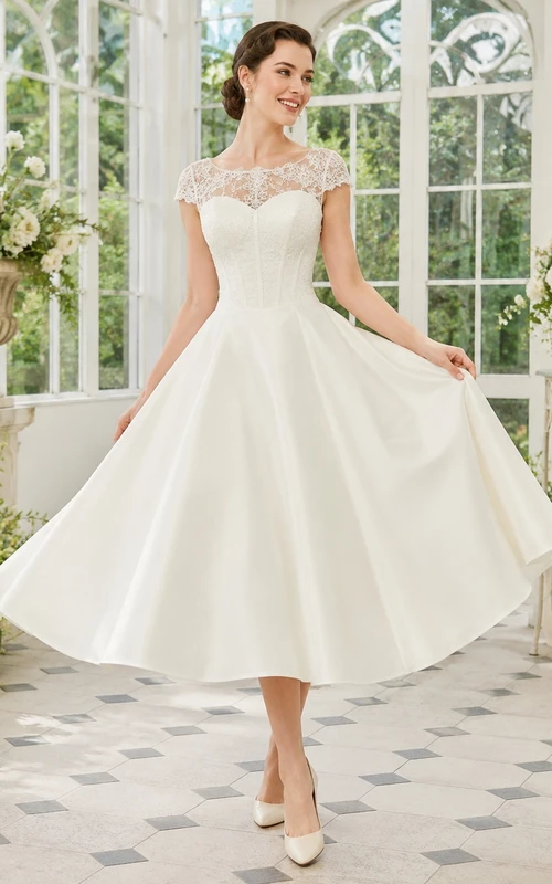 Romantisches Vintage-Hochzeitskleid in Teelänge mit U-Boot-Ausschnitt, kurzen Ärmeln, Spitze und Satin in A-Linie