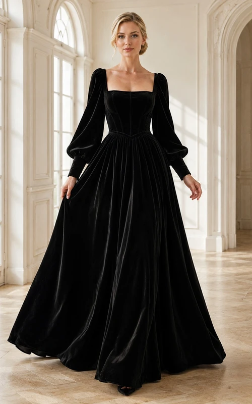 Black Square Neck Long Poet Sleeve Velvet Ball Gown Floor-Length Vintage Dress