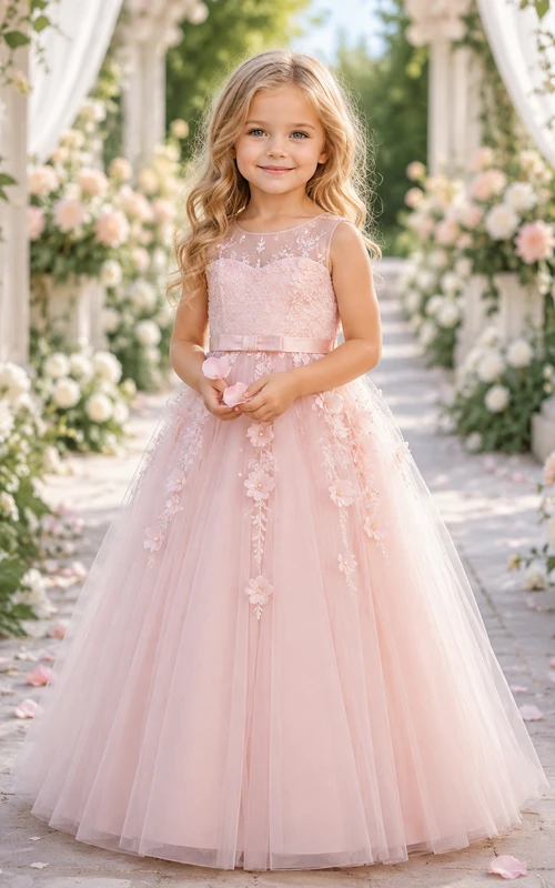 Blumenmädchenkleid aus rosafarbenem Tüll, A-Linie, Rundhalsausschnitt, Teelänge, florale Applikationen
