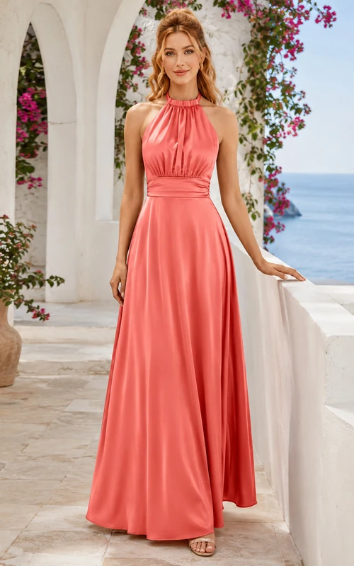 Vestido largo de noche de satén color coral con escote halter y corte en A, estilo resort.