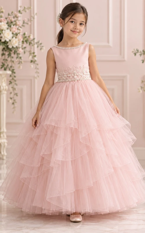 Ärmelloses, gestuftes Ballkleid aus Tüll mit Perlenkragen in Rosa für Blumenmädchen