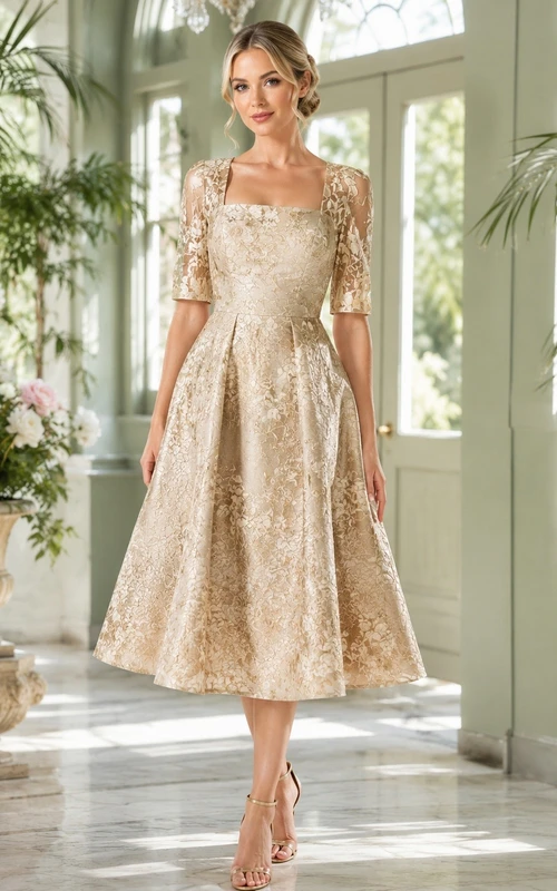 Robe élégante champagne en dentelle, col carré, manches courtes, coupe trapèze et longueur thé