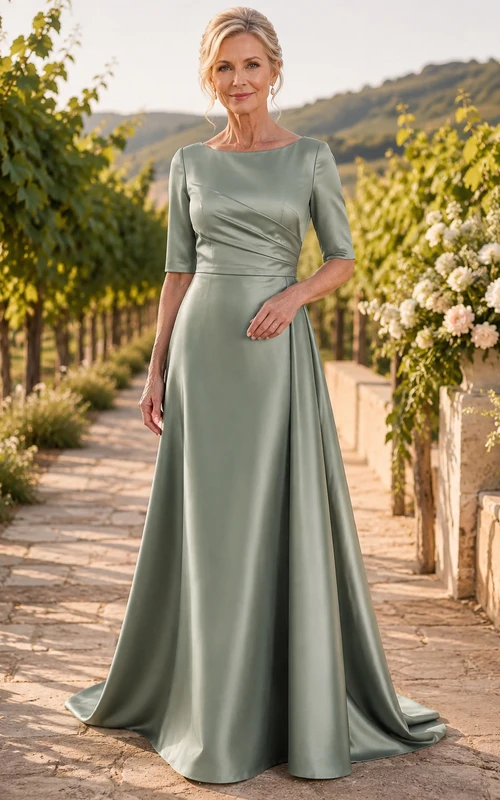 Salbeifarbenes A-Linien-Mutterkleid aus Bateau-Satin