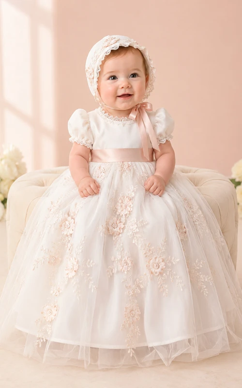 Blushing Pink Baby Baptism Christening Ceremony Gown A-Line Knee-Length Jewel Neck Short Sleeve Tulle Lace Floral Detail Floral Applique Bow Back Button Back