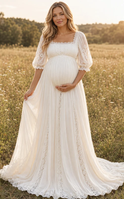Maternity Wedding Dress Square Neck Puff Sleeve Lace A-Line Gown with Sweep Train