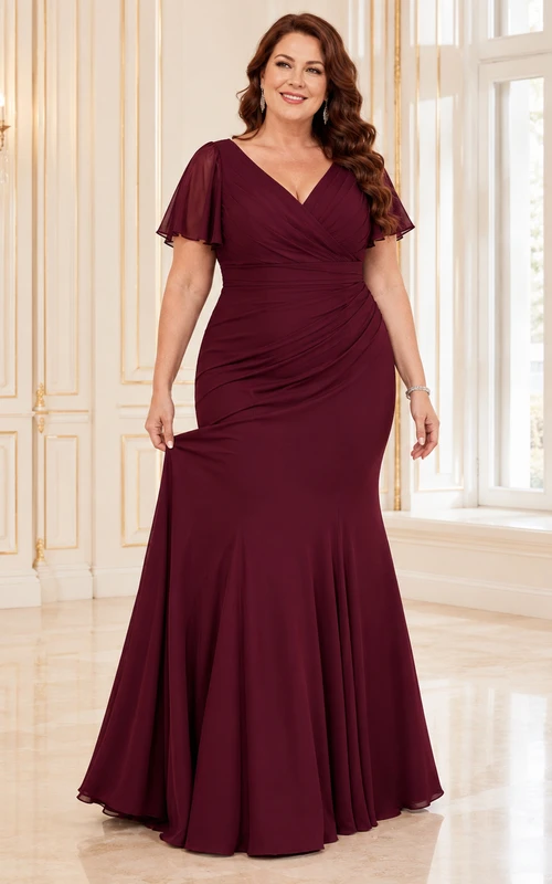 Romantisches Brautkleid in Übergröße, burgunderrot, V-Ausschnitt, flatternde Ärmel, asymmetrisch gerafft, Meerjungfrauen-Stil, bodenlang