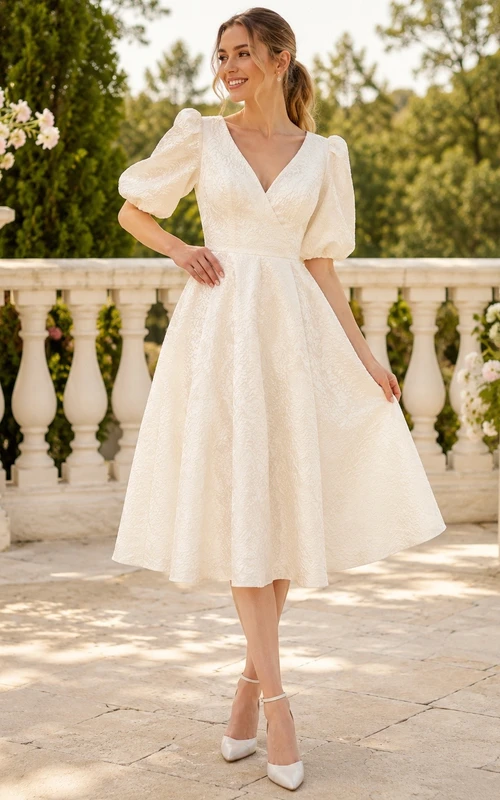 Standesamtliches Hochzeitskleid mit V-Ausschnitt, kurzen Ärmeln, A-Linie, Satin, Teelänge, für eine heimliche Hochzeit