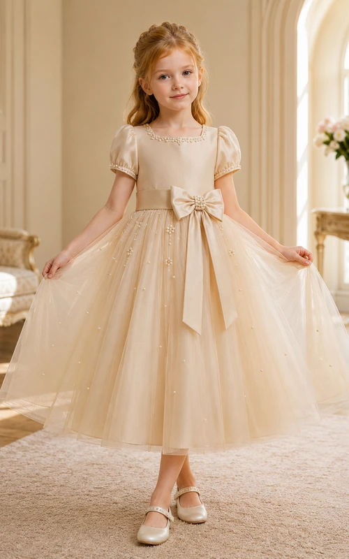 Klassisches A-Linien-Kleid aus Tüll für Blumenmädchen mit Rundhalsausschnitt, wadenlangem Rock und Schleifendetail