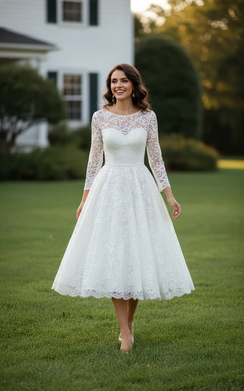 Mid-Century Modern Illusion Lace Tea Length Wedding Dress with Long Sleeves