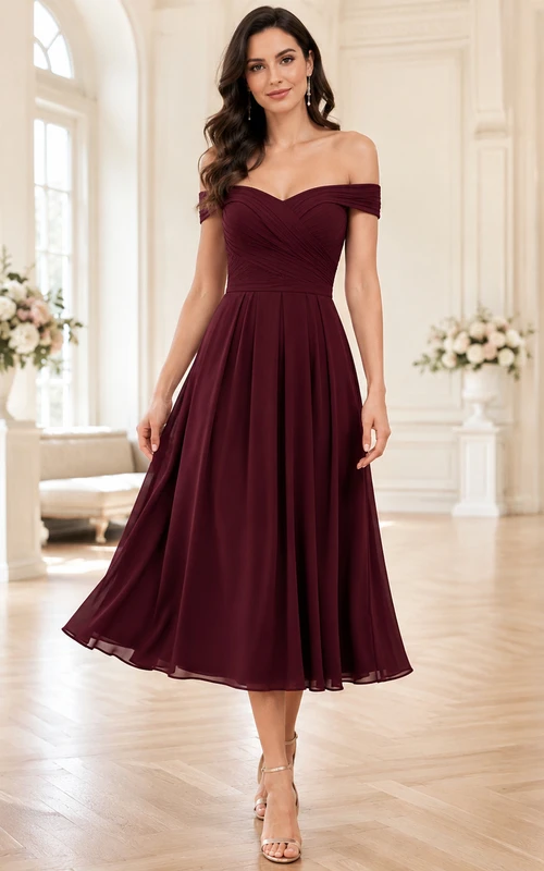Burgunderfarbenes Chiffon-Abendkleid im A-Linien-Stil mit Teelänge und schulterfreiem Oberteil von Jugendweihe