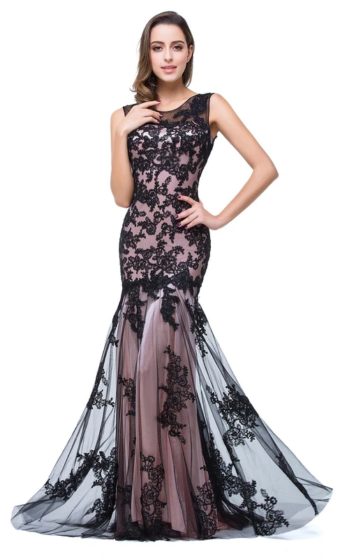 Glamouröses ärmelloses Meerjungfrauen-Abendkleid aus Spitze und Tüll, langes Ballkleid