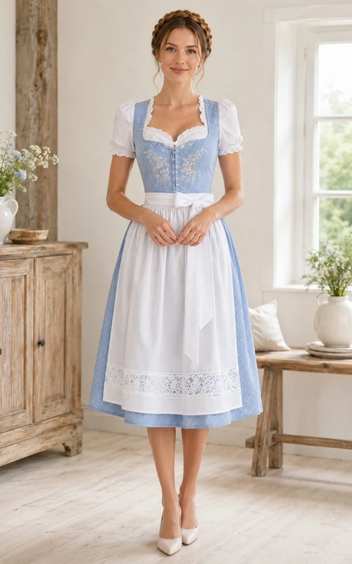 Vintage blau-weißes Dirndlkleid aus Baumwolle mit eckigem Ausschnitt, kurzen Ärmeln und Teelänge