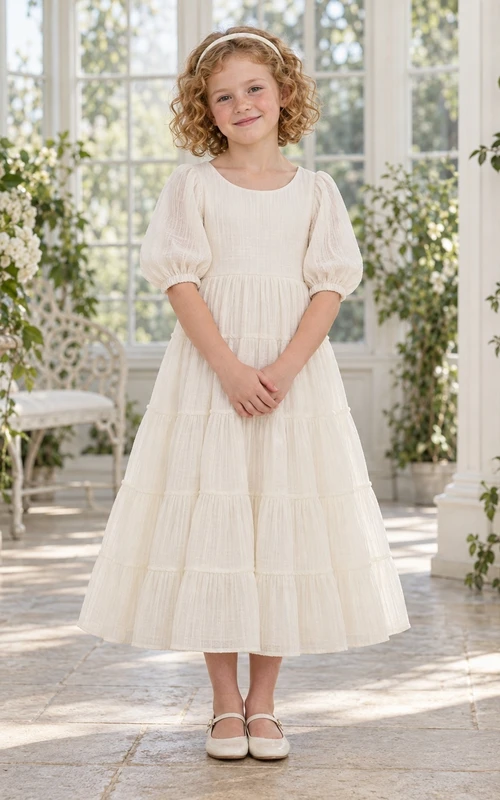 Modest Country Tea-length Ivory Balloon Sleeve Tiered Gauze Flower Girl Dress