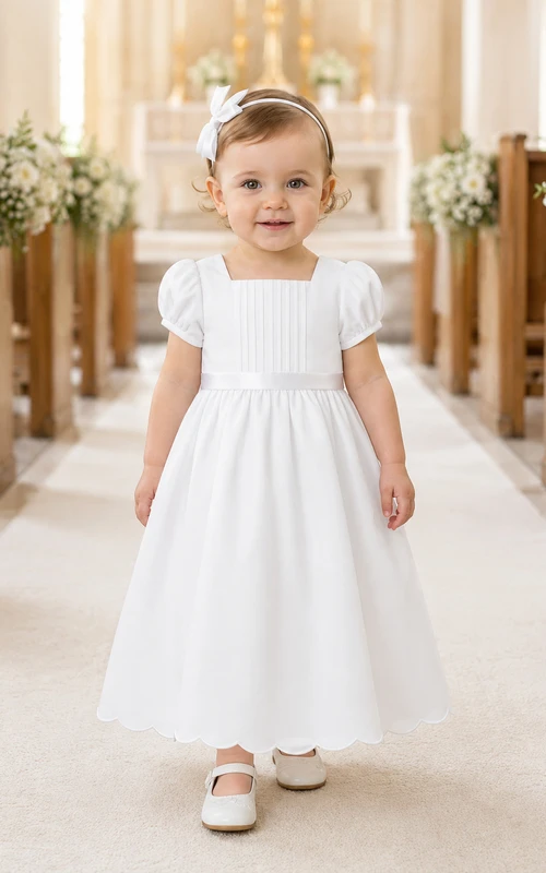 Simple Baby Baptism Christening Ceremony Dress A-Line Tea-Length Jewel Neck Puff Sleeve Satin Bow Back Button Back