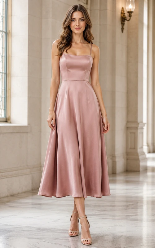 City Hall Cocktail Dusty Rose Simple Elegant A-Line Satin Bridesmaid Dress with Spaghetti Straps Square Neck Sleeveless Tea-Length Strap Back Zipper Back