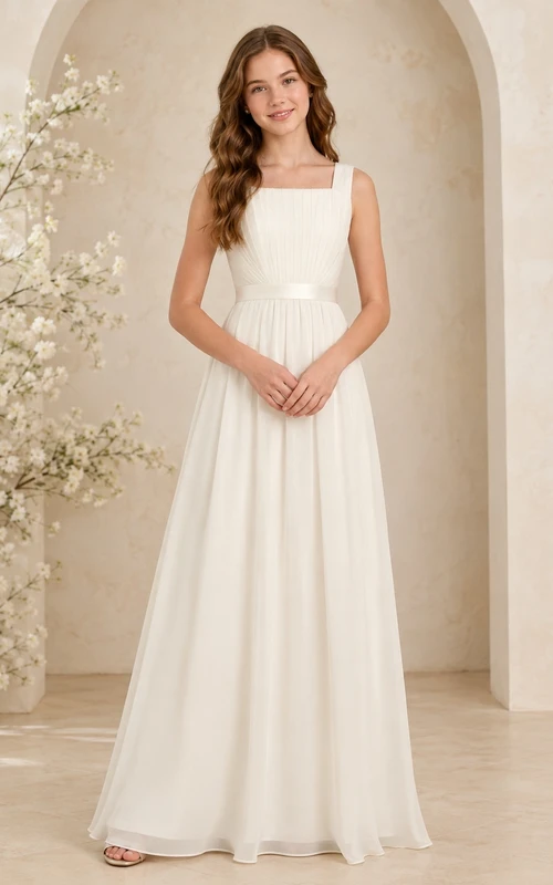 Vestido de dama de honor junior, corte A, cuadrado, sin mangas, fruncido, sencillo