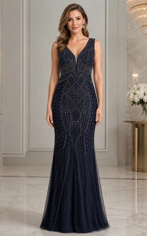 Dark Navy V Neck Glitter Mermaid Sleeveless Formal Evening Dress