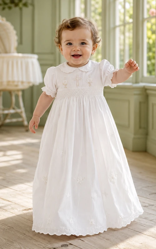 Weißes, mit Kreuz besticktes Taufkleid mit Puffärmeln für Jungen