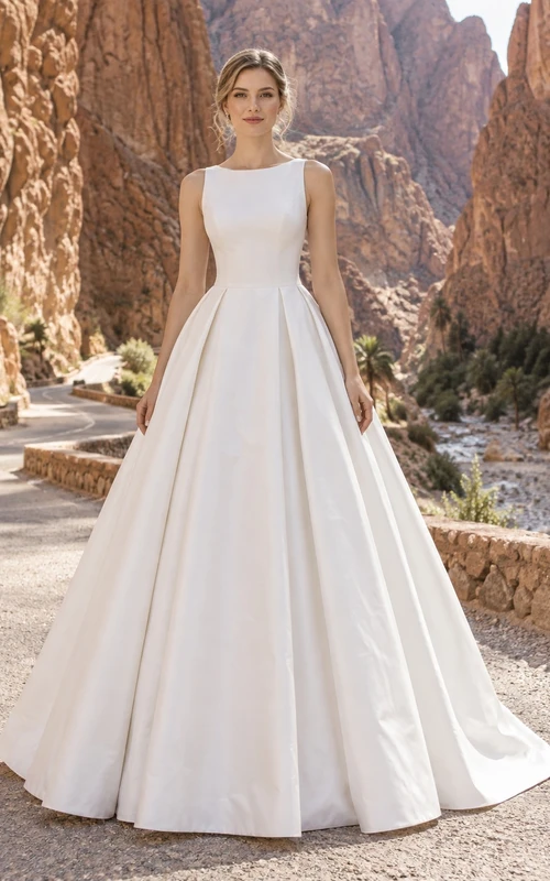 Vestido de novia sencillo de corte A con escote barco, sin mangas, de satén plisado y con cola larga en la espalda.