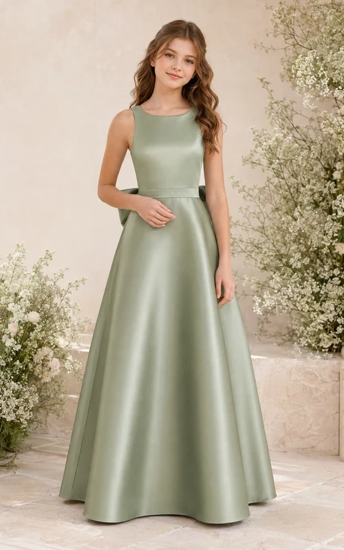 Vestido de dama de honor juvenil color celadón, corte en A, sin mangas, con detalle de lazo de satén elegante.