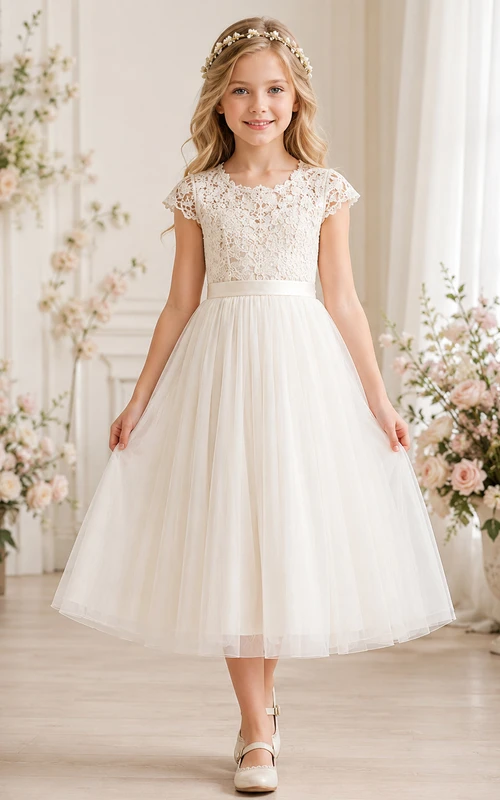 Romantisches, gehäkeltes Spitzenkleid mit kurzen Ärmeln aus Tüll, Teelänge, für Blumenmädchen, Gartenkleid
