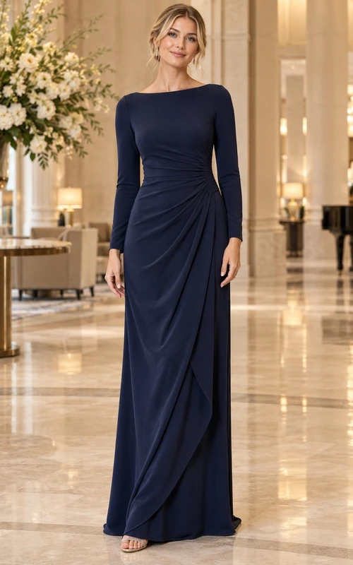 Vestido de noche formal de corte barco, manga larga, drapeado lateral, azul marino oscuro, estilo tubo, corte modesto, largo hasta el suelo.