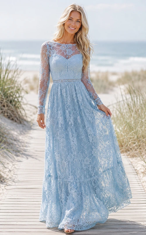 Vestido de dama de honor azul cielo con escote barco, mangas ilusión, encaje floral, corte en A, largo hasta el suelo y cremallera en la espalda.