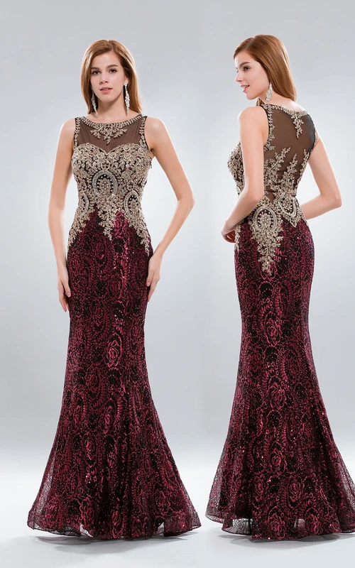 Vestido largo de sirena sin mangas con escote barco, efecto ilusión, abalorios y lentejuelas.