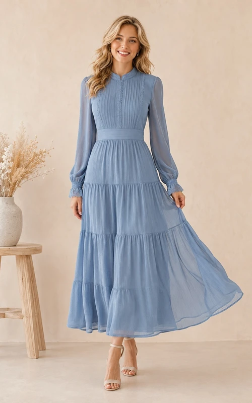 Dusty Blue Modest Long Sleeve Tiered A-Line Ankle-length Casual Dress