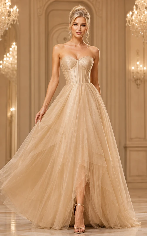 Luxuriöses champagnerfarbenes, trägerloses Ballkleid mit Herzausschnitt, Tüllkorsett und Korsett für den Gerichtssaal