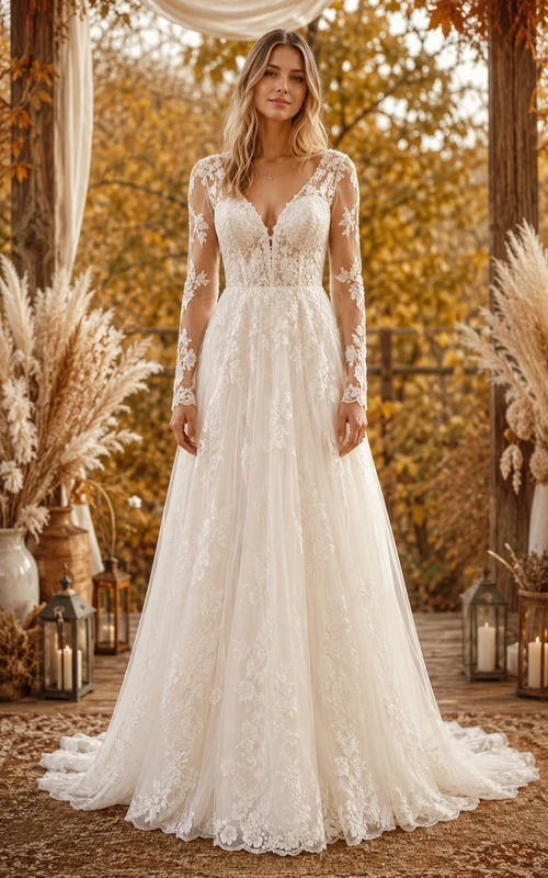 Boho-Brautkleid in A-Linie, langärmelig, V-Ausschnitt, Tüllspitzenapplikationen, bodenlang, Kapellenschleppe, Elfenbein