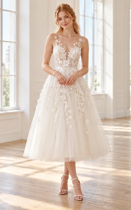 Tea-length Floral Illusion Sleeveless Tulle A-line Bridal Reception Wedding Dress