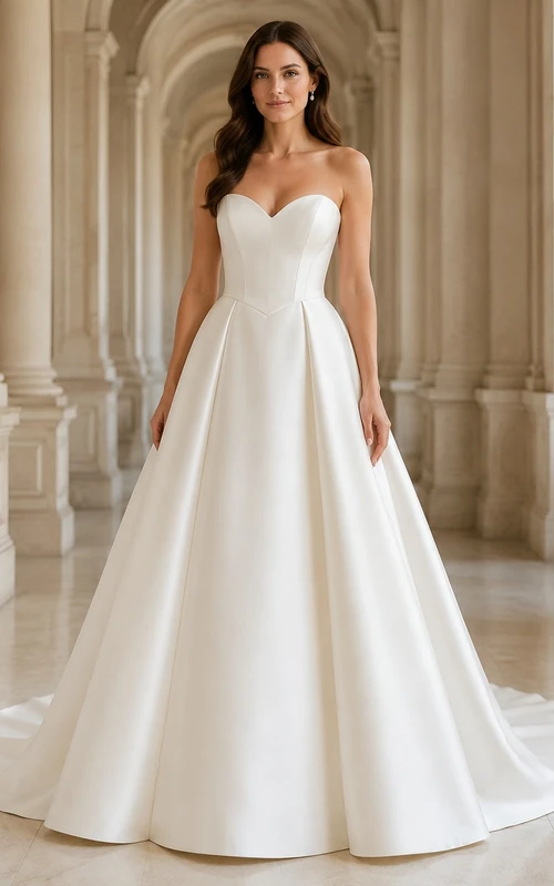 Vestido de novia clásico de satén con cola larga para ceremonia.