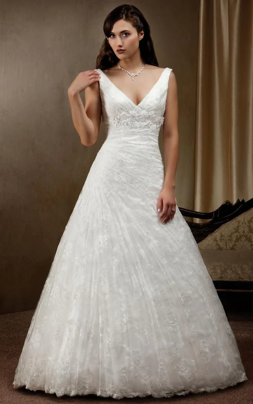 Vestido de novia de encaje sin mangas, largo hasta el suelo, con escote en V, drapeado lateral, apliques y espalda baja en V, corte en A.