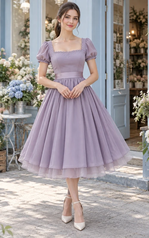 Vestido de dama de honor de encaje, largo hasta la rodilla, estilo rockabilly, color lavanda, cuello cuadrado y mangas abullonadas.
